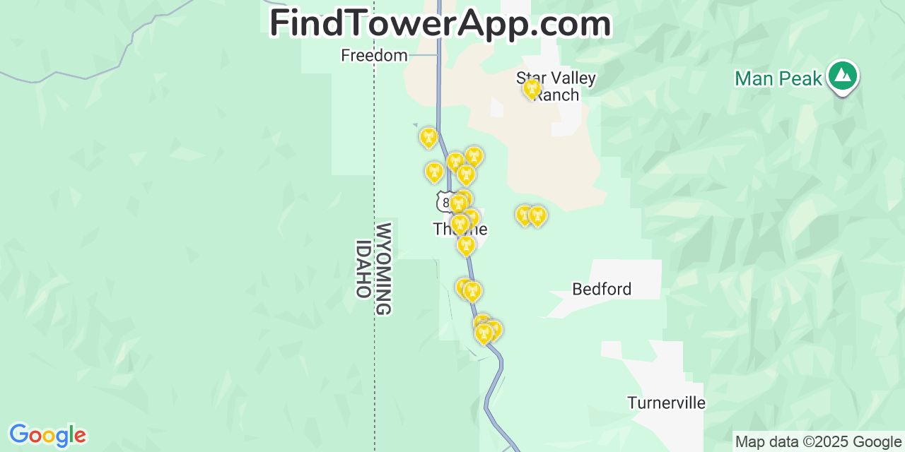 Map showing the 20 primary AT&T cell tower locations detected in Thayne, Wyoming with coverage radius and signal strength indicators