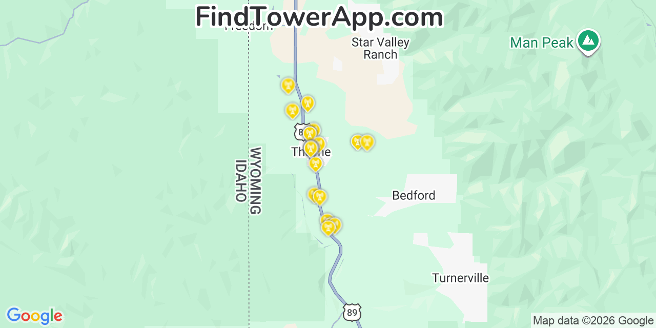 Map showing the 20 primary cell tower locations detected in Thayne, Wyoming from AT&T, Verizon, and T-Mobile networks