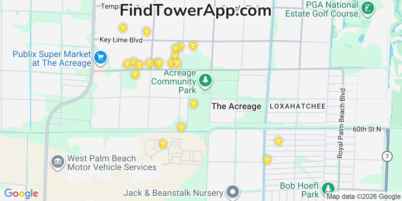 Map showing the 20 primary cell tower locations detected in The Acreage, Florida from AT&T, Verizon, and T-Mobile networks
