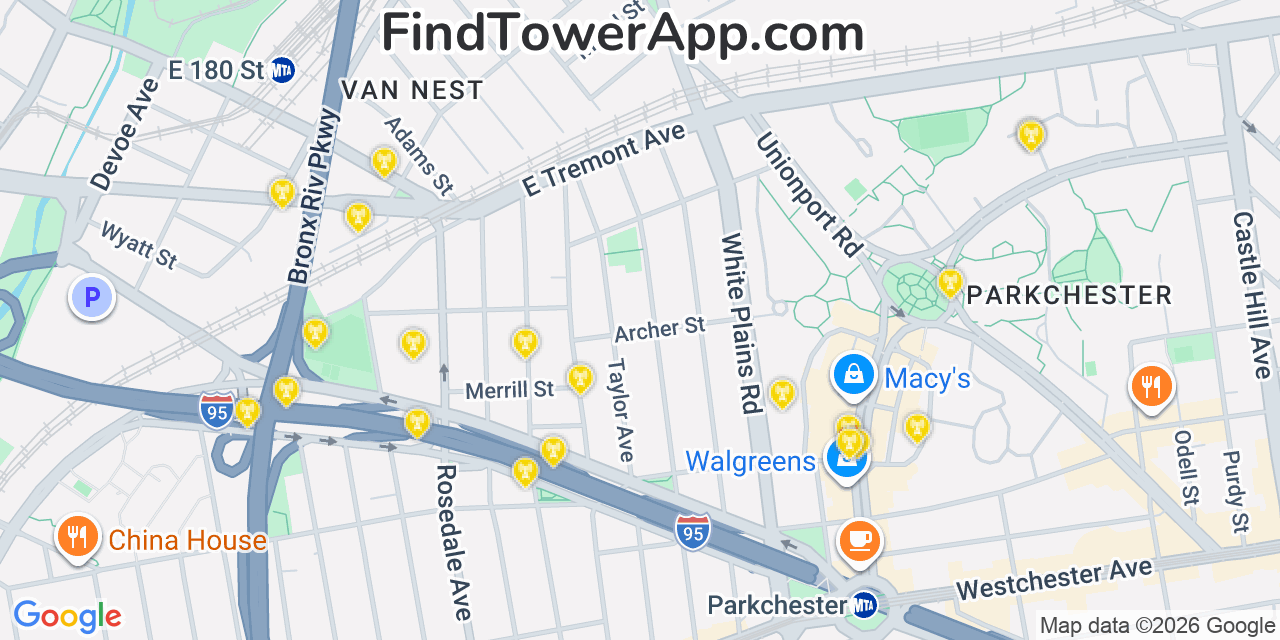Map showing the 20 primary cell tower locations detected in The Bronx, New York from AT&T, Verizon, and T-Mobile networks