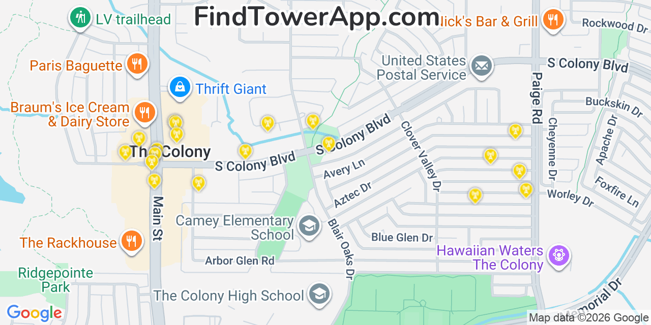 Map showing the 20 primary cell tower locations detected in The Colony, Texas from AT&T, Verizon, and T-Mobile networks