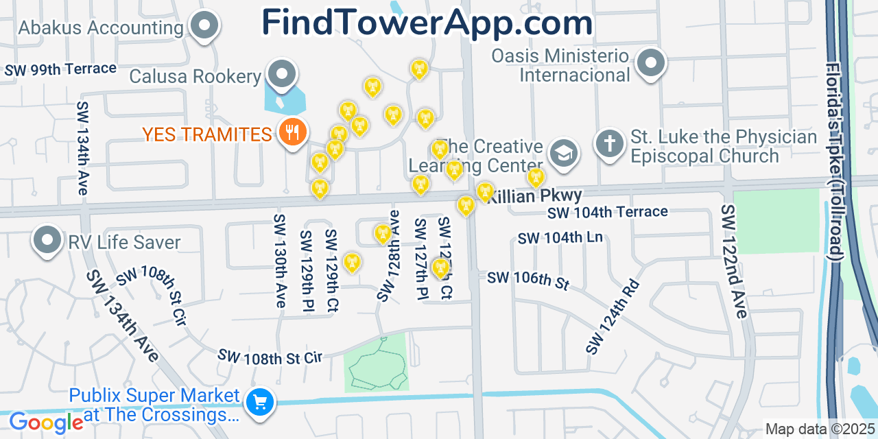 Map showing the 20 primary cell tower locations detected in The Crossings, Florida from AT&T, Verizon, and T-Mobile networks
