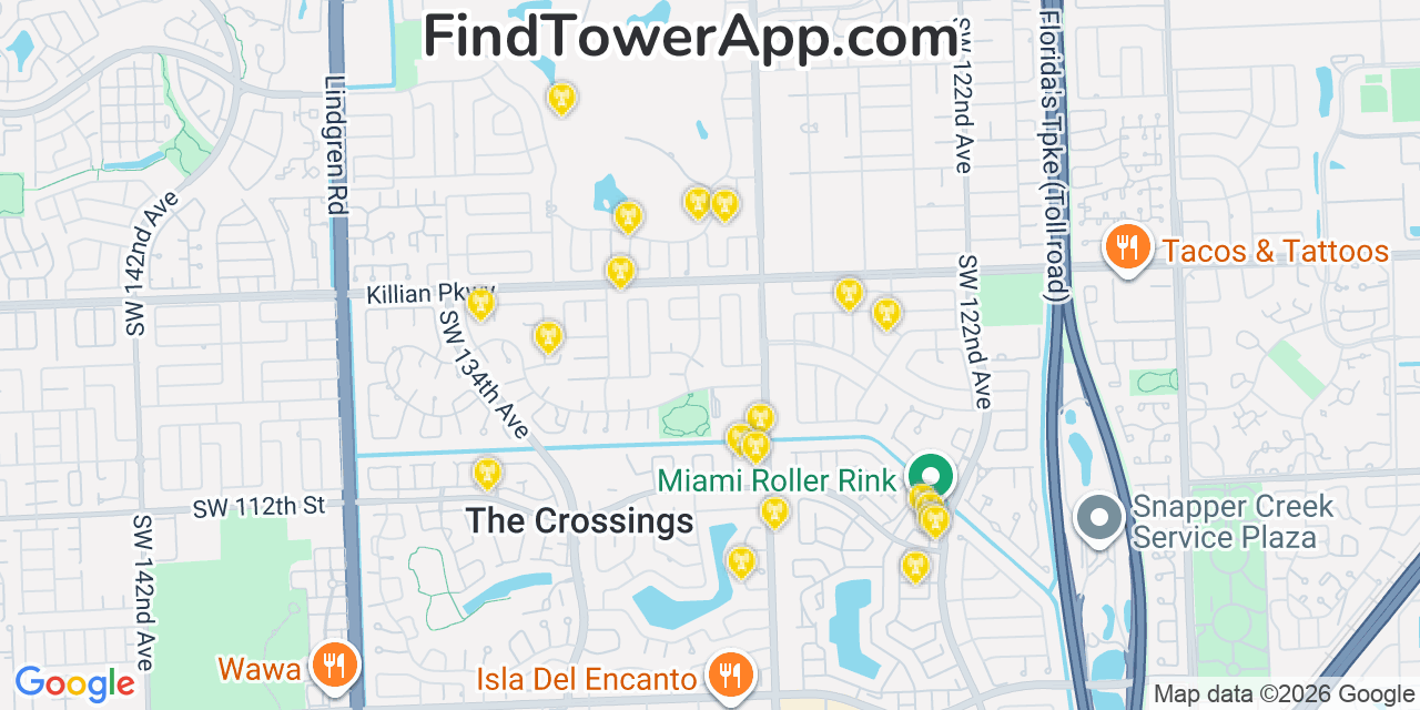 Map showing the 20 primary cell tower locations detected in The Crossings, Florida from AT&T, Verizon, and T-Mobile networks