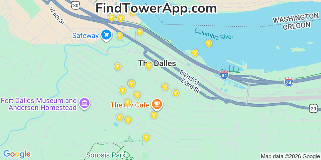 Map showing the 20 primary cell tower locations detected in The Dalles, Oregon from AT&T, Verizon, and T-Mobile networks