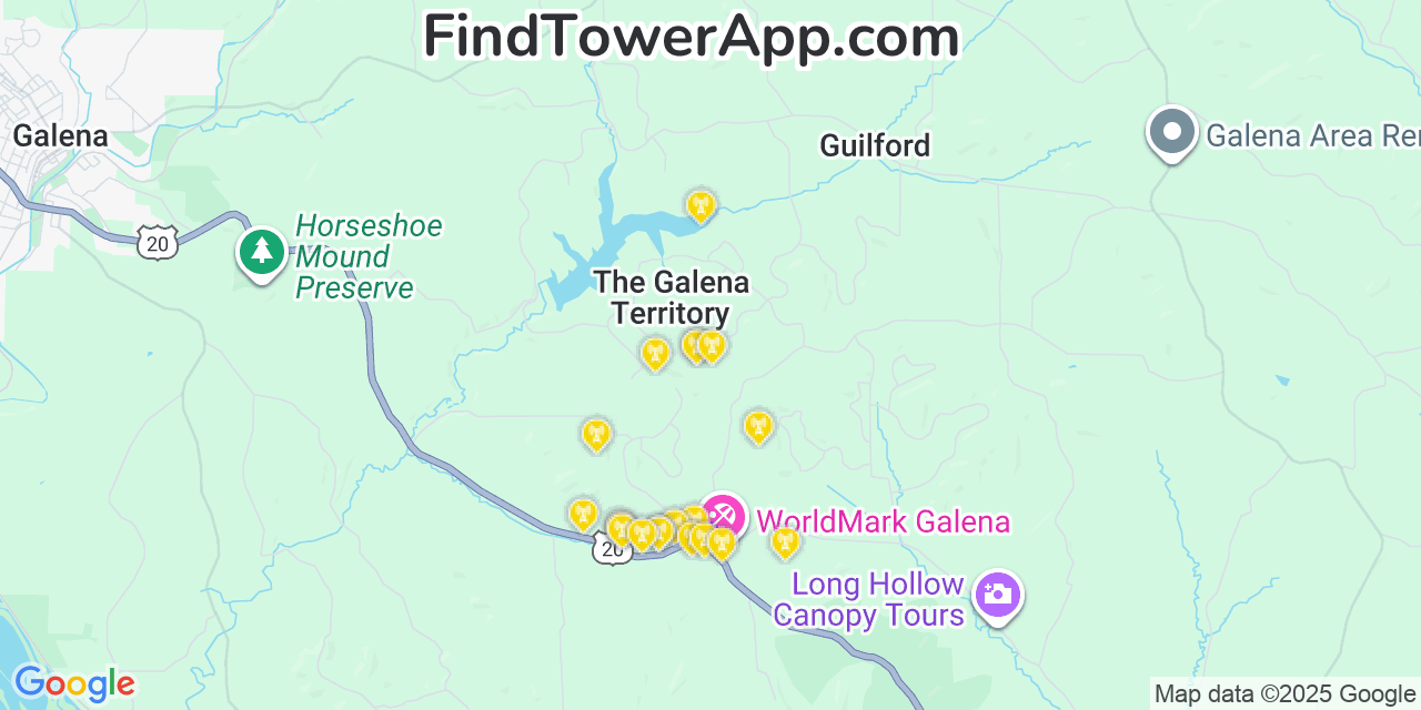 Map showing the 20 primary cell tower locations detected in The Galena Territory, Illinois from AT&T, Verizon, and T-Mobile networks