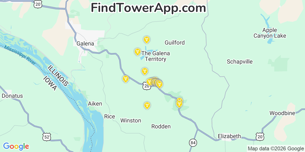 Map showing the 20 primary cell tower locations detected in The Galena Territory, Illinois from AT&T, Verizon, and T-Mobile networks