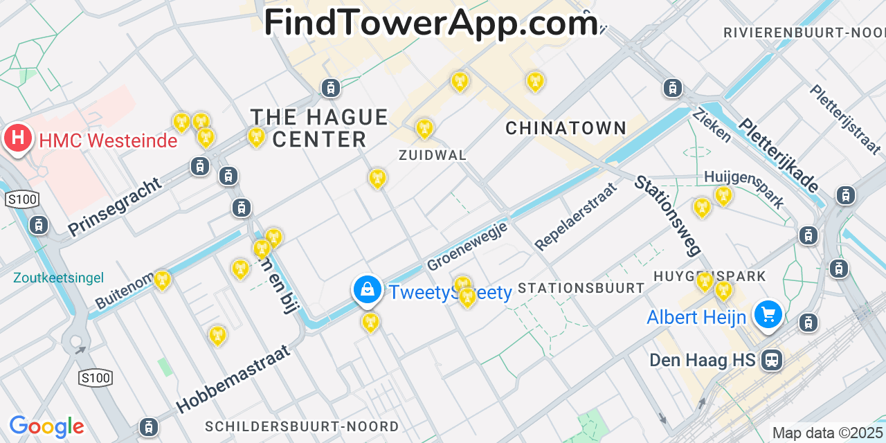Map showing the 20 primary cell tower locations detected in The Hague, Netherlands with coverage areas and signal strength