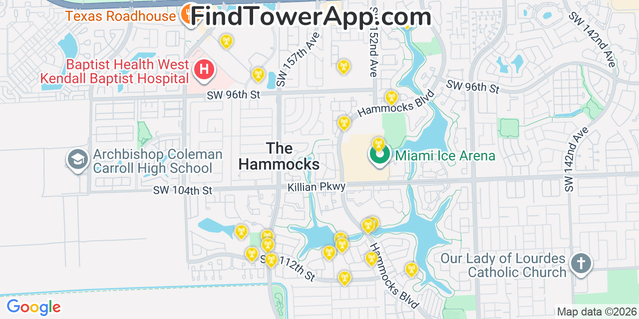 Map showing the 20 primary cell tower locations detected in The Hammocks, Florida from AT&T, Verizon, and T-Mobile networks