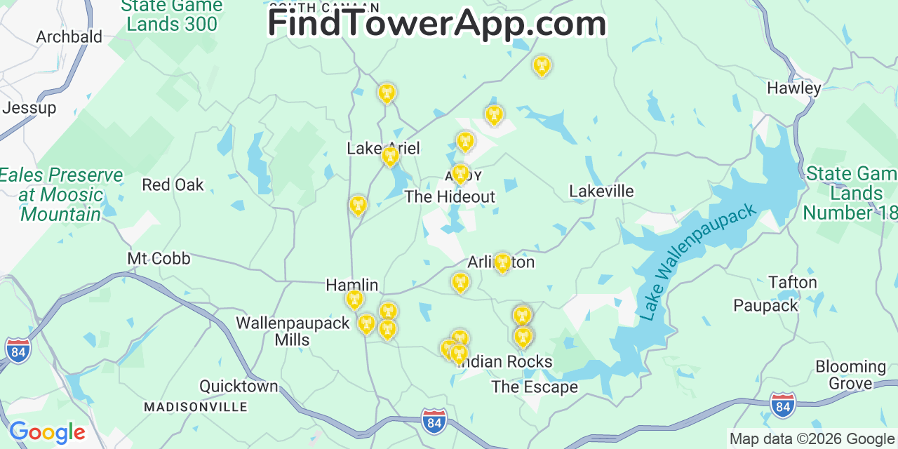 Map showing the 20 primary cell tower locations detected in The Hideout, Pennsylvania from AT&T, Verizon, and T-Mobile networks