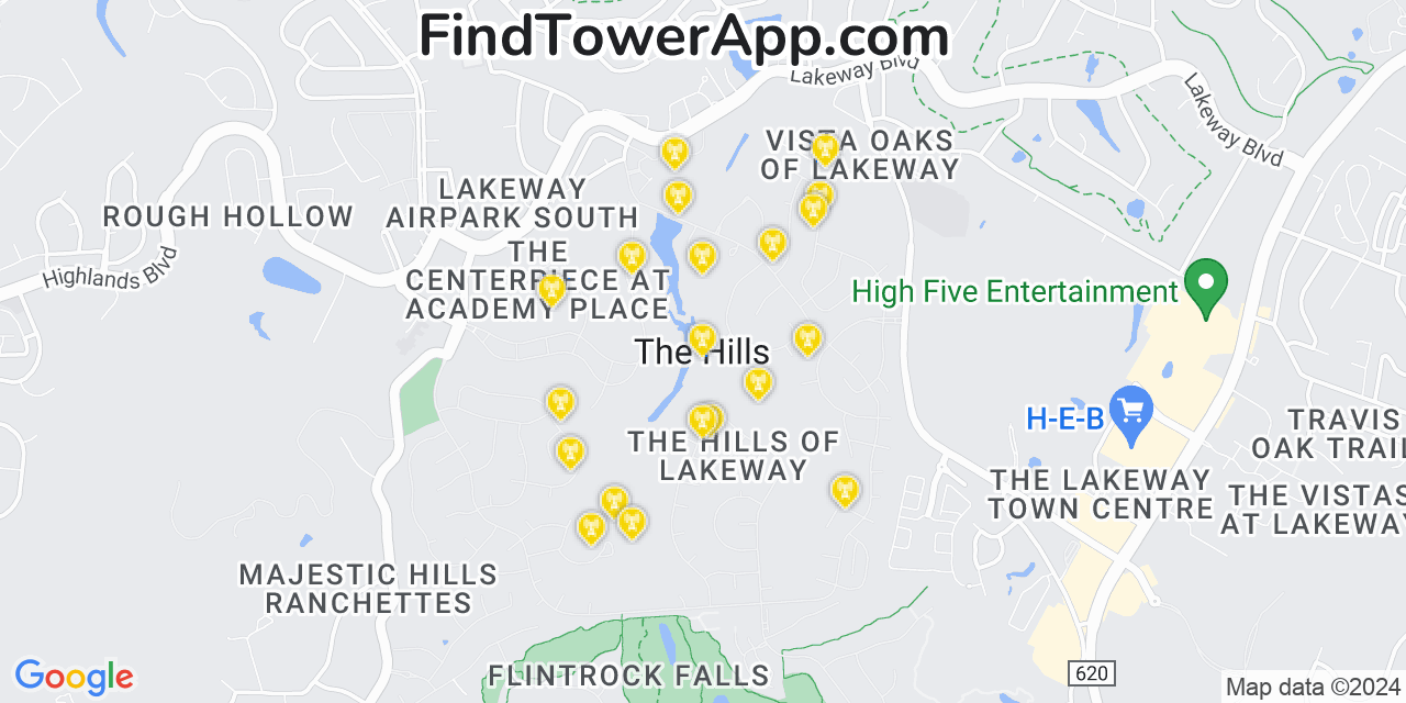 AT&T 4G/5G cell tower coverage map The Hills, Texas
