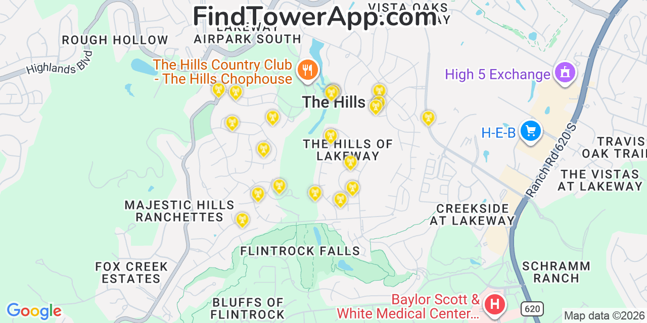 Map showing the 20 primary cell tower locations detected in The Hills, Texas from AT&T, Verizon, and T-Mobile networks