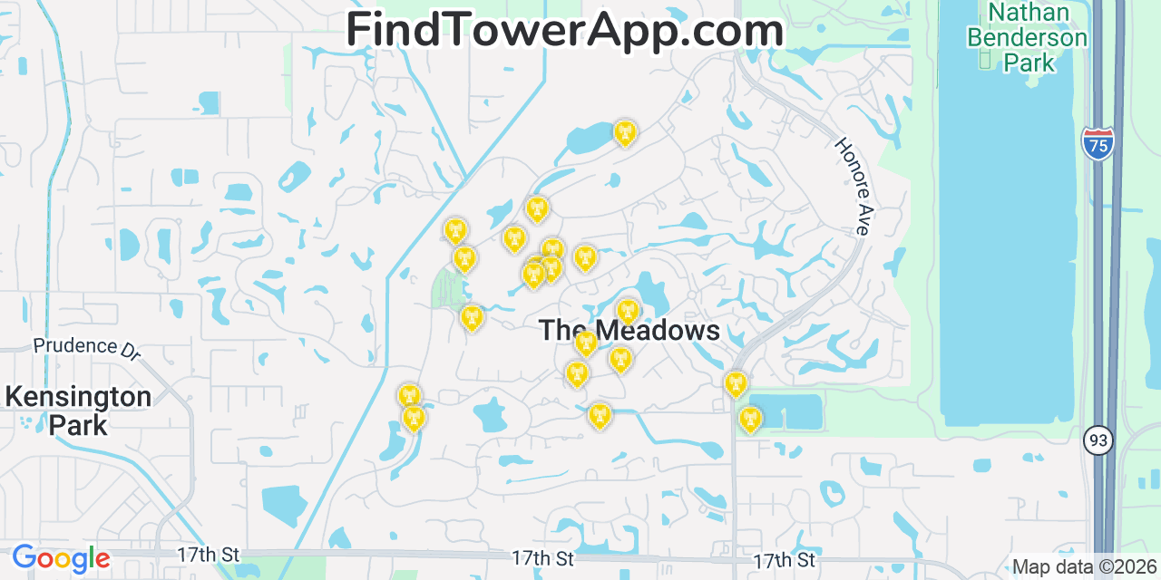 Map showing the 20 primary cell tower locations detected in The Meadows, Florida from AT&T, Verizon, and T-Mobile networks