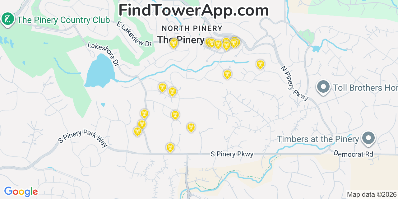 Map showing the 20 primary cell tower locations detected in The Pinery, Colorado from AT&T, Verizon, and T-Mobile networks