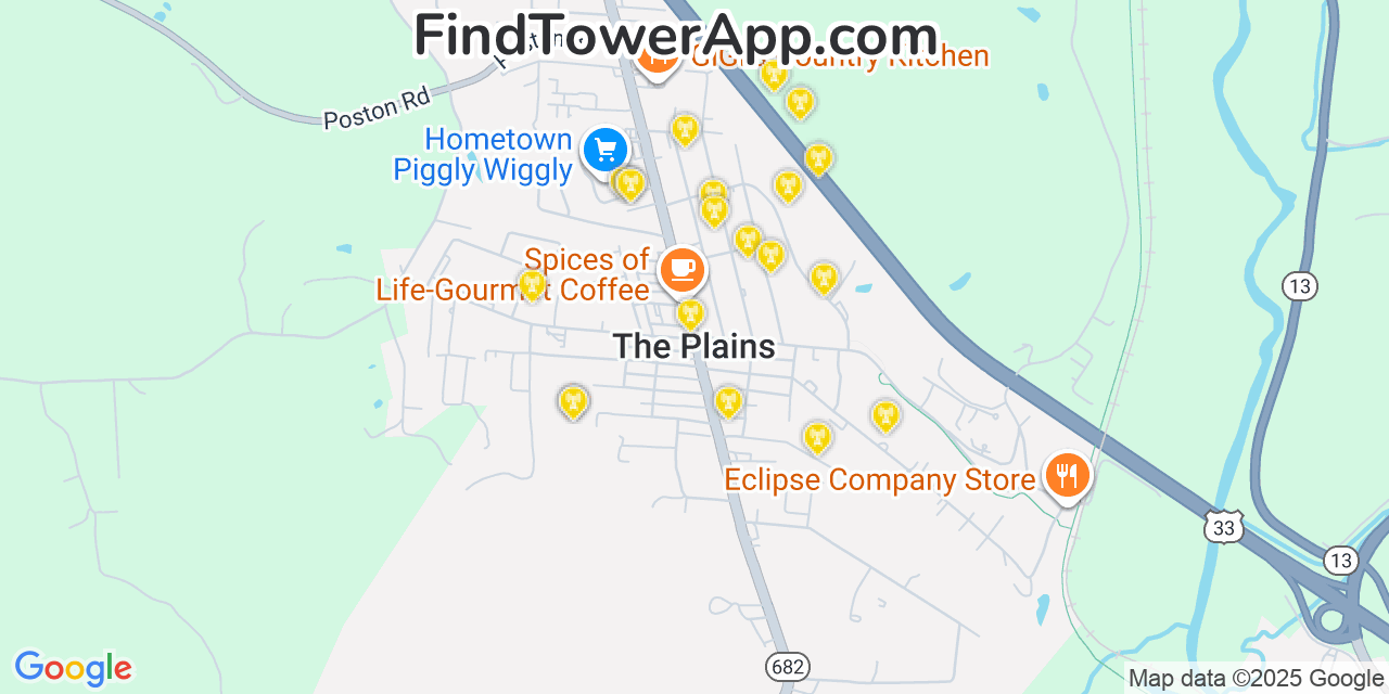 Map showing the 20 primary cell tower locations detected in The Plains, Ohio from AT&T, Verizon, and T-Mobile networks