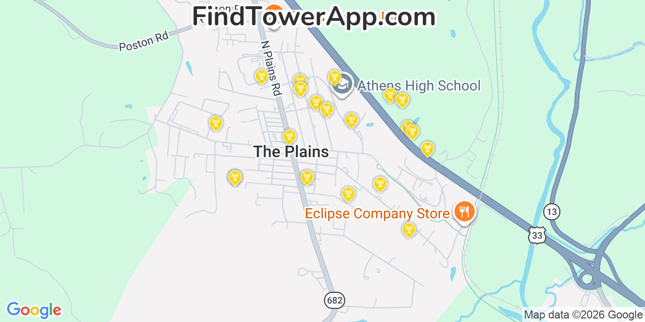 Map showing the 20 primary cell tower locations detected in The Plains, Ohio from AT&T, Verizon, and T-Mobile networks