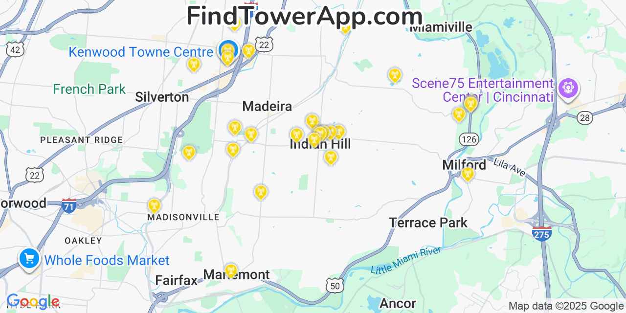 Map showing the 31 primary AT&T cell tower locations detected in The Village Of Indian Hill, Ohio with coverage radius and signal strength indicators