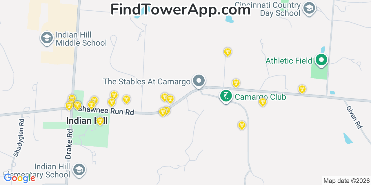 Map showing the 20 primary cell tower locations detected in The Village Of Indian Hill, Ohio from AT&T, Verizon, and T-Mobile networks