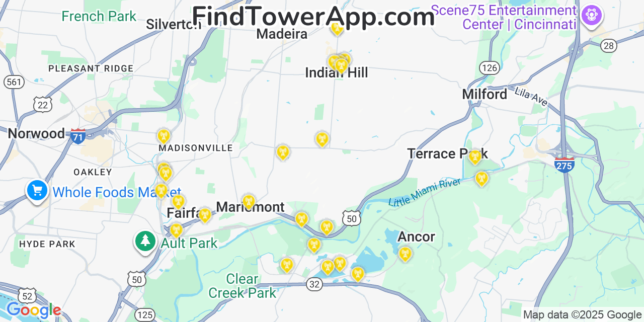 Map showing the 32 primary T-Mobile cell tower locations detected in The Village Of Indian Hill, Ohio with coverage radius and signal strength indicators
