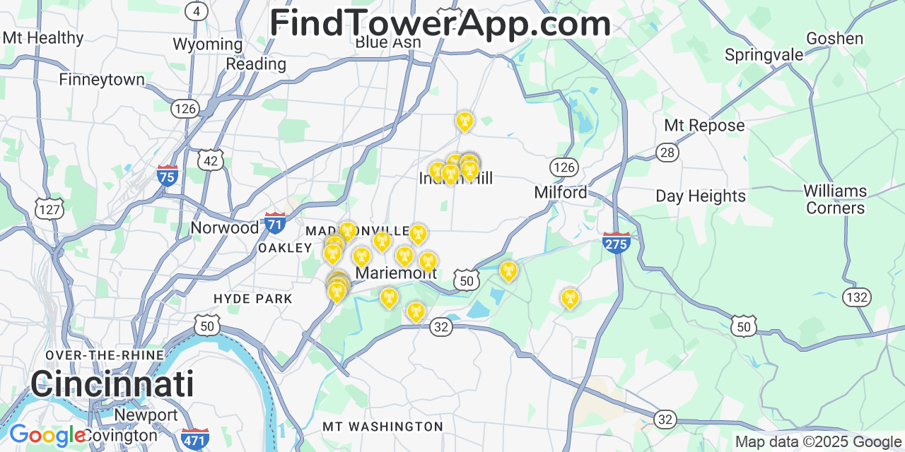 Map showing the 33 primary Verizon cell tower locations detected in The Village Of Indian Hill, Ohio with coverage radius and signal strength indicators