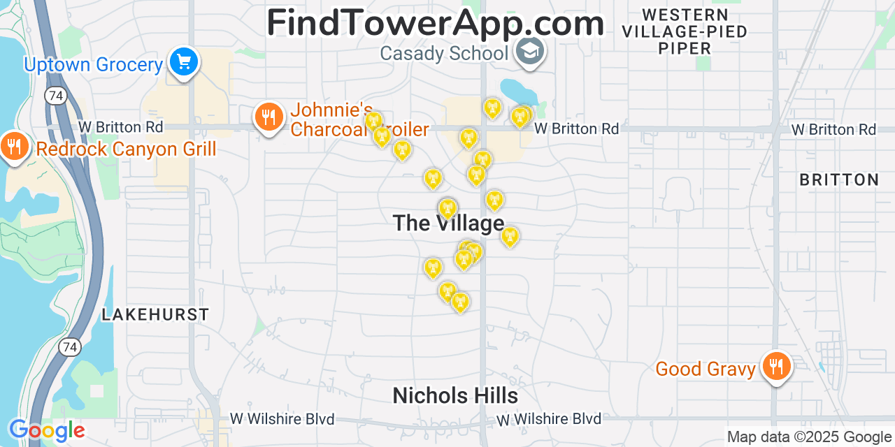 Map showing the 20 primary cell tower locations detected in The Village, Oklahoma from AT&T, Verizon, and T-Mobile networks