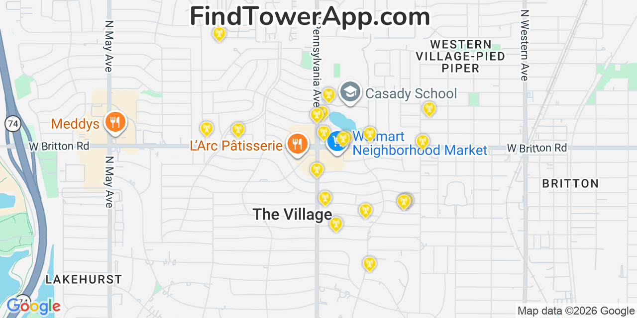 Map showing the 20 primary cell tower locations detected in The Village, Oklahoma from AT&T, Verizon, and T-Mobile networks