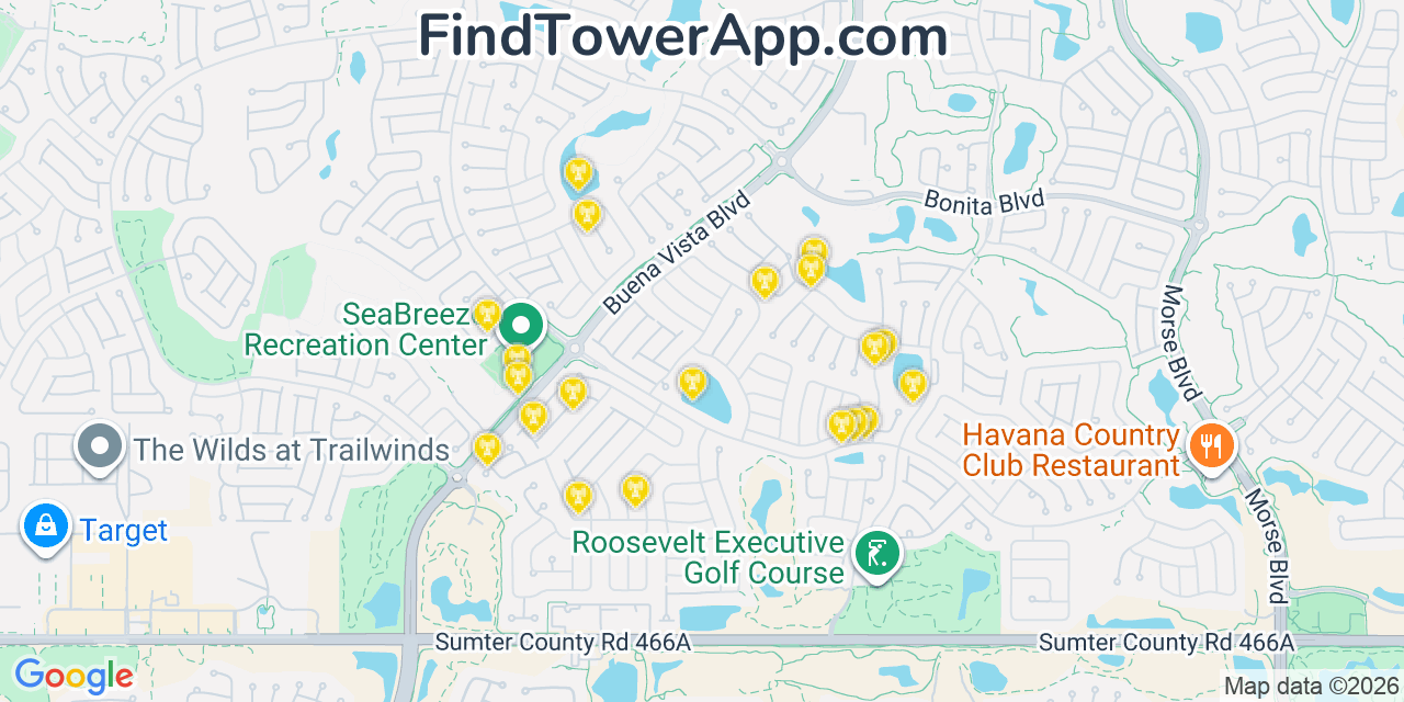 Map showing the 20 primary cell tower locations detected in The Villages, Florida from AT&T, Verizon, and T-Mobile networks