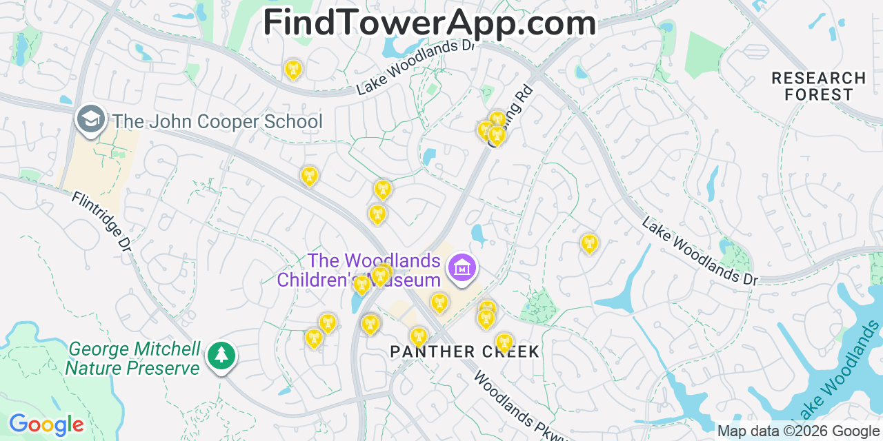 Map showing the 20 primary cell tower locations detected in The Woodlands, Texas from AT&T, Verizon, and T-Mobile networks