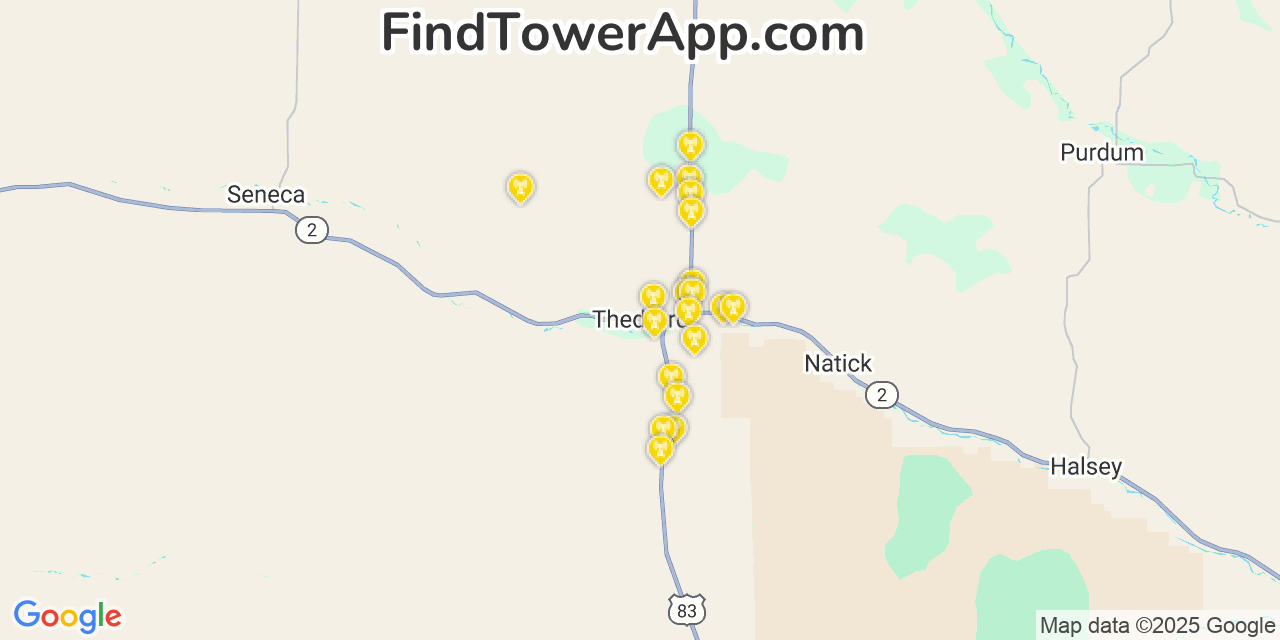 Map showing the 20 primary cell tower locations detected in Thedford, Nebraska from AT&T, Verizon, and T-Mobile networks