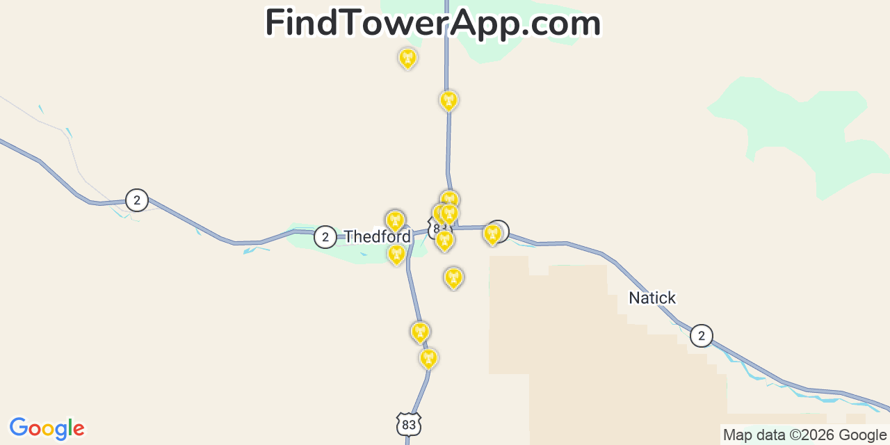 Map showing the 20 primary cell tower locations detected in Thedford, Nebraska from AT&T, Verizon, and T-Mobile networks