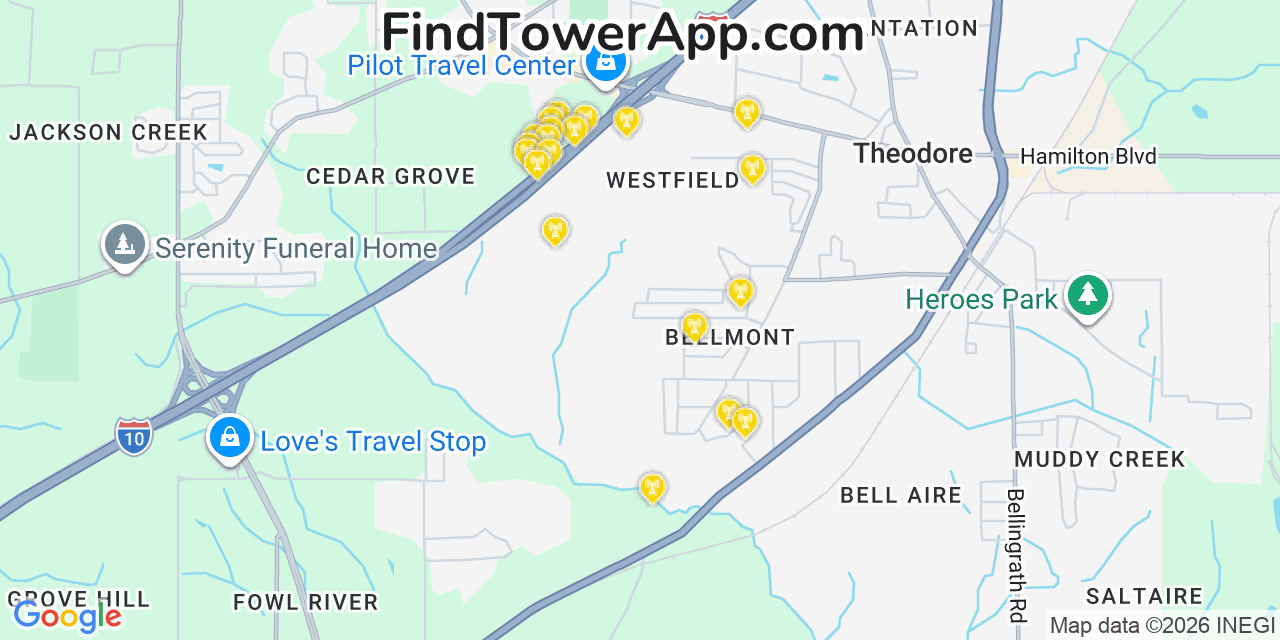 Map showing the 20 primary cell tower locations detected in Theodore, Alabama from AT&T, Verizon, and T-Mobile networks