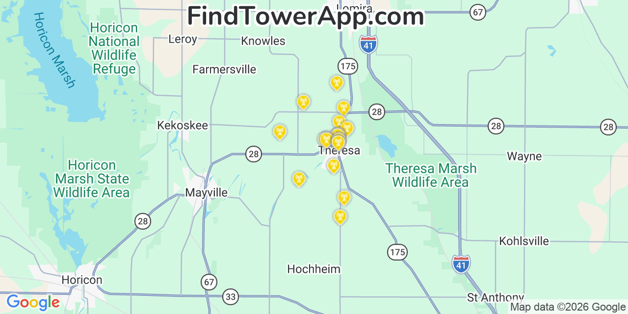 Map showing the 20 primary cell tower locations detected in Theresa, Wisconsin from AT&T, Verizon, and T-Mobile networks