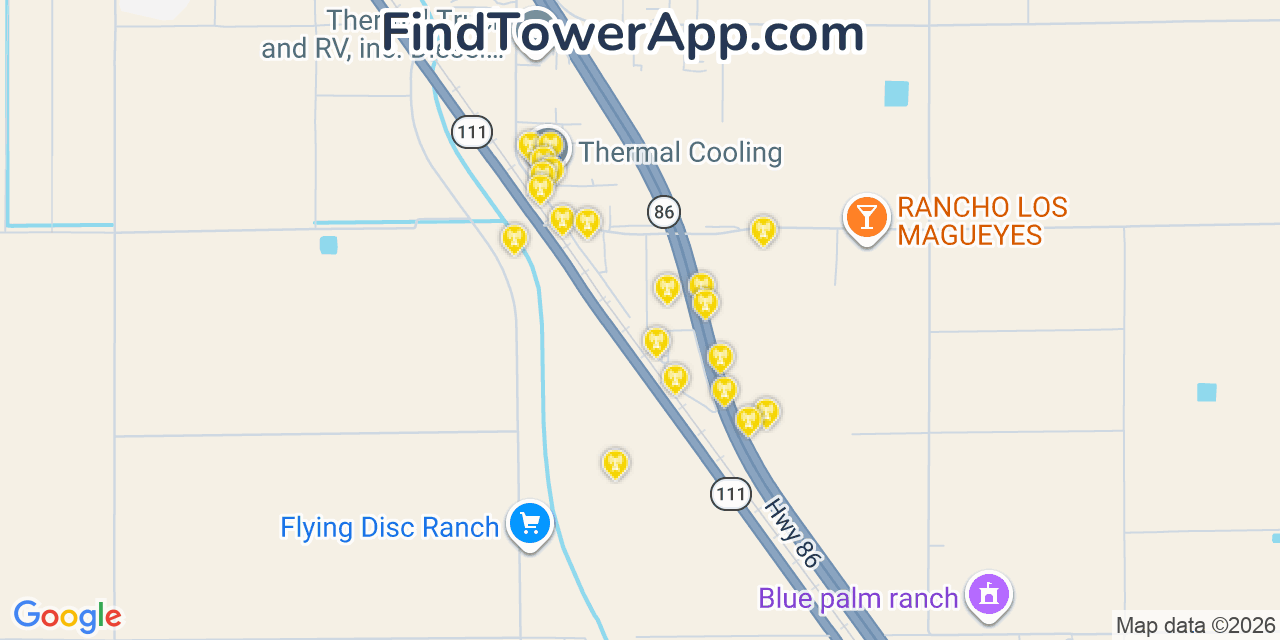 Map showing the 20 primary cell tower locations detected in Thermal, California from AT&T, Verizon, and T-Mobile networks