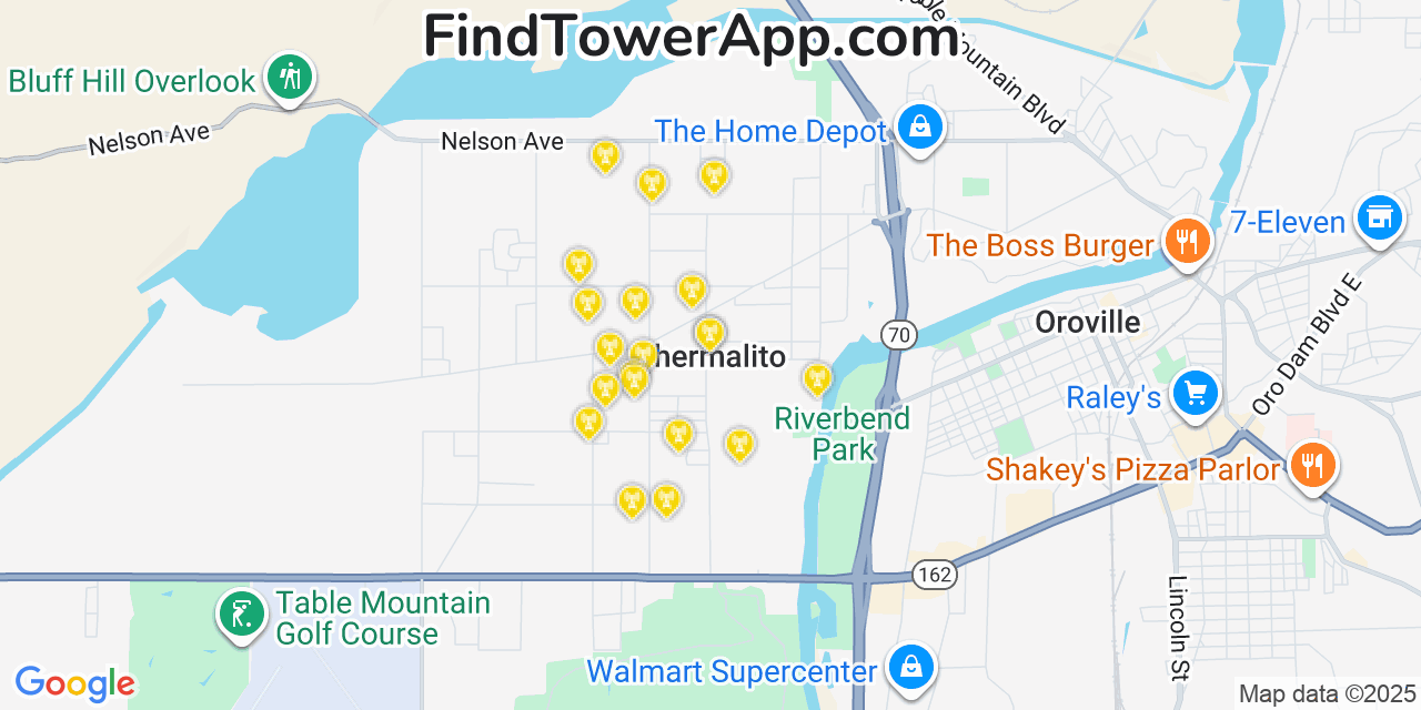 Map showing the 20 primary cell tower locations detected in Thermalito, California from AT&T, Verizon, and T-Mobile networks