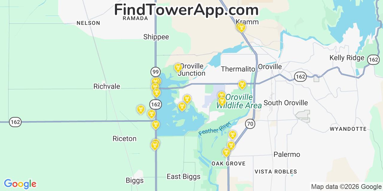 Map showing the 20 primary cell tower locations detected in Thermalito, California from AT&T, Verizon, and T-Mobile networks