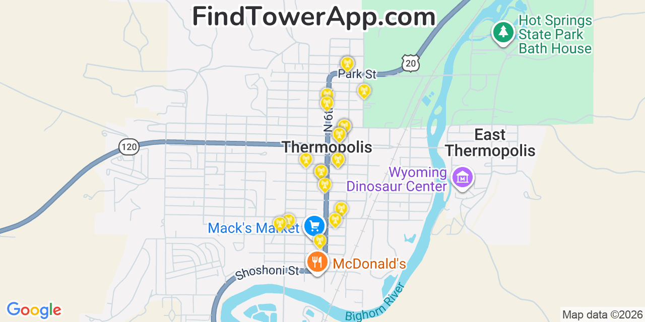 Map showing the 20 primary cell tower locations detected in Thermopolis, Wyoming from AT&T, Verizon, and T-Mobile networks