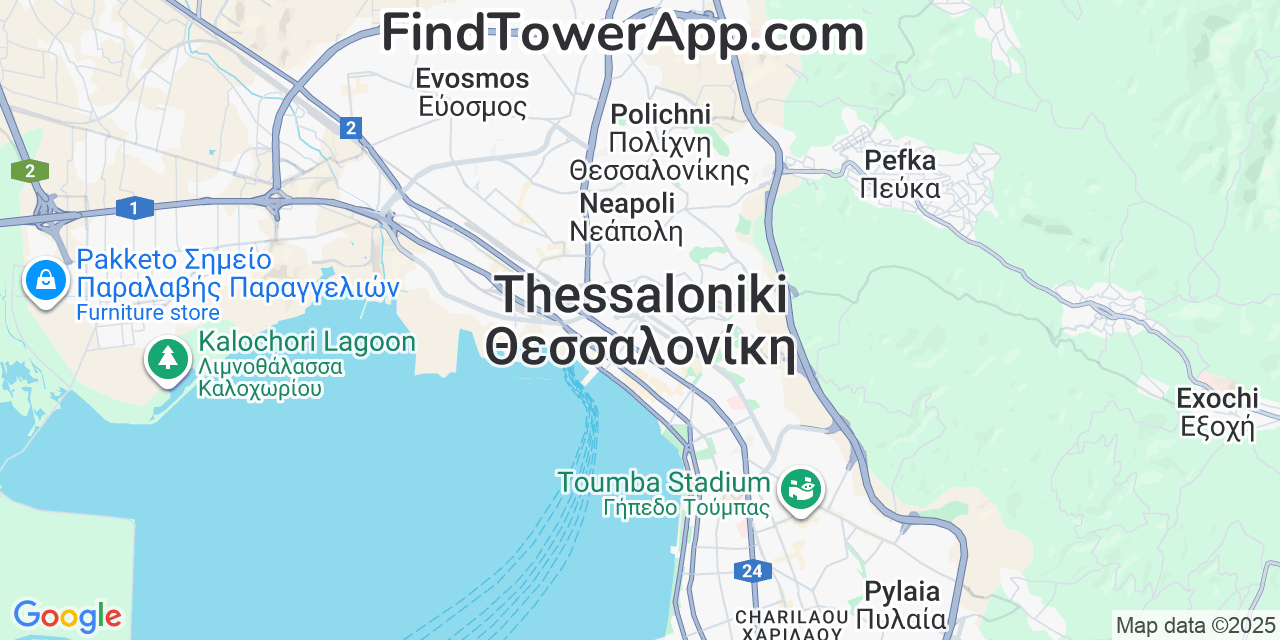 Map showing the 0 primary Vodafone cell tower locations detected in Thessaloniki, Greece with coverage radius and signal strength indicators