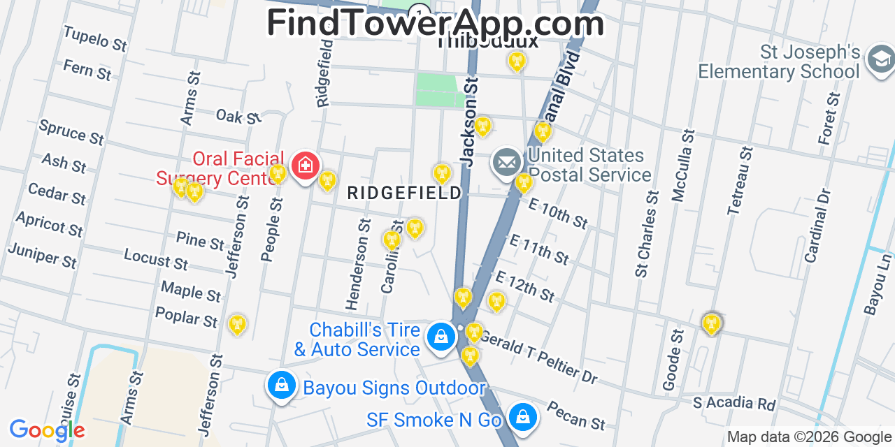 Map showing the 20 primary cell tower locations detected in Thibodaux, Louisiana from AT&T, Verizon, and T-Mobile networks