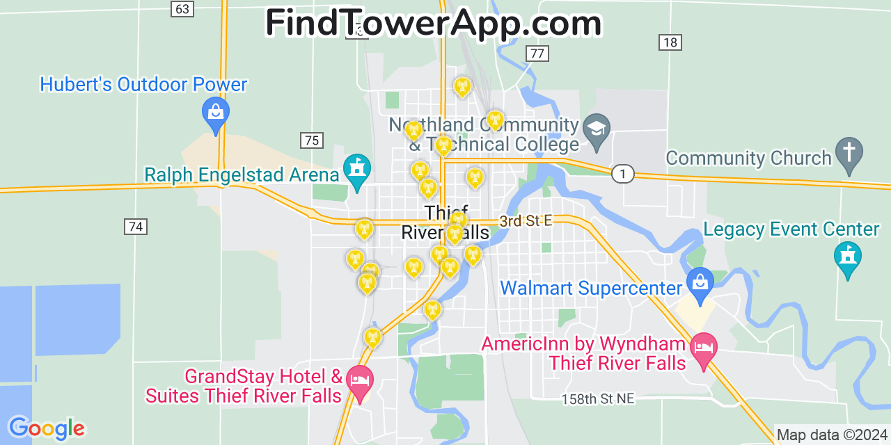 AT&T 4G/5G cell tower coverage map Thief River Falls, Minnesota