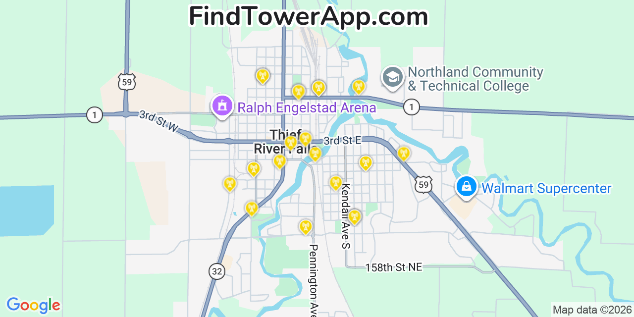 Map showing the 20 primary cell tower locations detected in Thief River Falls, Minnesota from AT&T, Verizon, and T-Mobile networks
