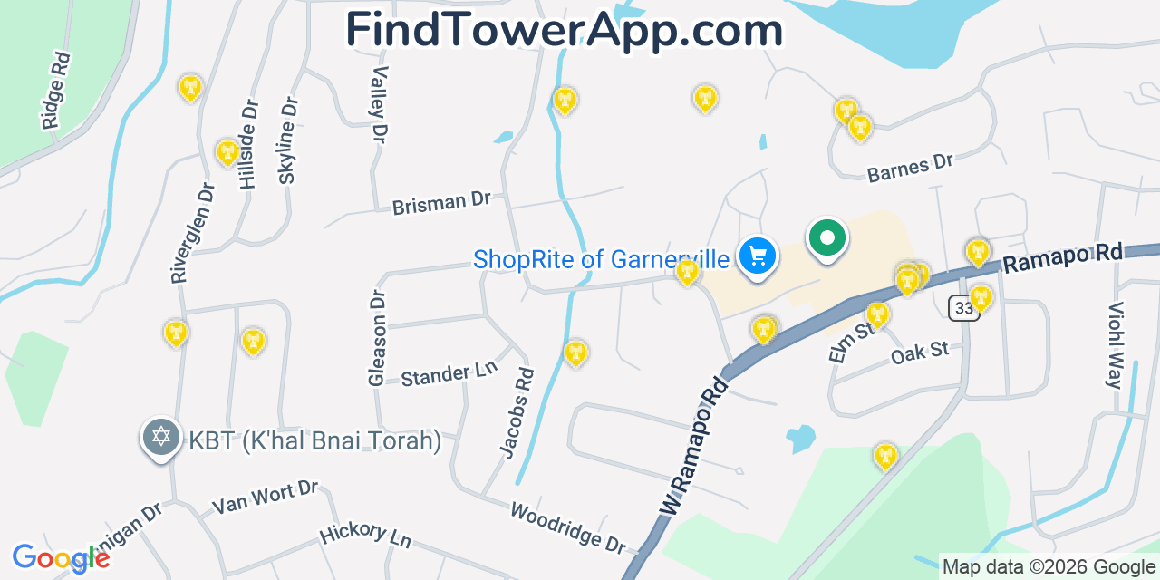 Map showing the 20 primary cell tower locations detected in Thiells, New York from AT&T, Verizon, and T-Mobile networks