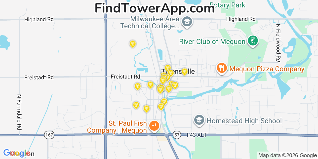 Map showing the 20 primary cell tower locations detected in Thiensville, Wisconsin from AT&T, Verizon, and T-Mobile networks