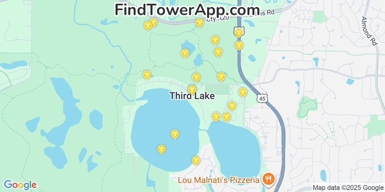Map showing the 20 primary cell tower locations detected in Third Lake, Illinois from AT&T, Verizon, and T-Mobile networks