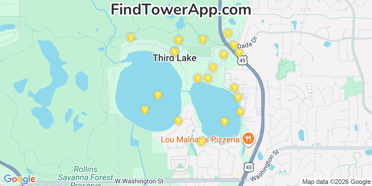 Map showing the 20 primary cell tower locations detected in Third Lake, Illinois from AT&T, Verizon, and T-Mobile networks