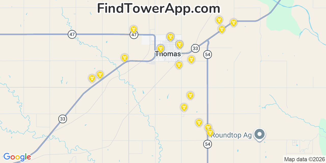 Map showing the 20 primary cell tower locations detected in Thomas, Oklahoma from AT&T, Verizon, and T-Mobile networks