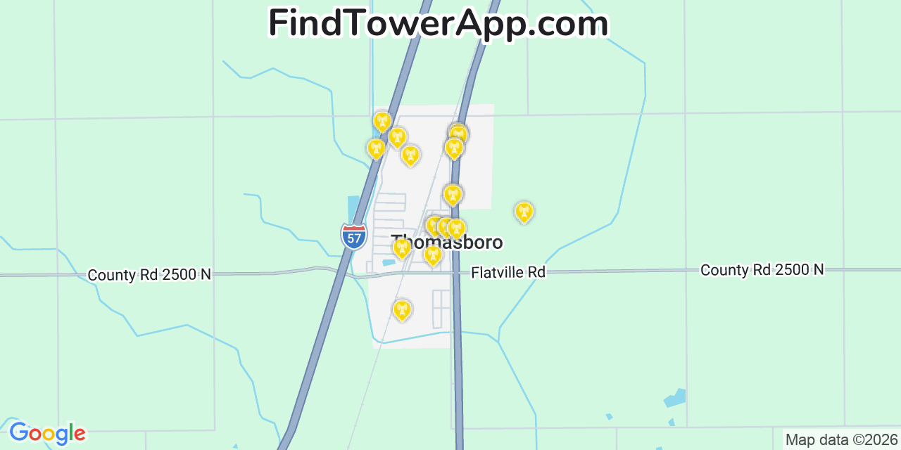Map showing the 20 primary cell tower locations detected in Thomasboro, Illinois from AT&T, Verizon, and T-Mobile networks