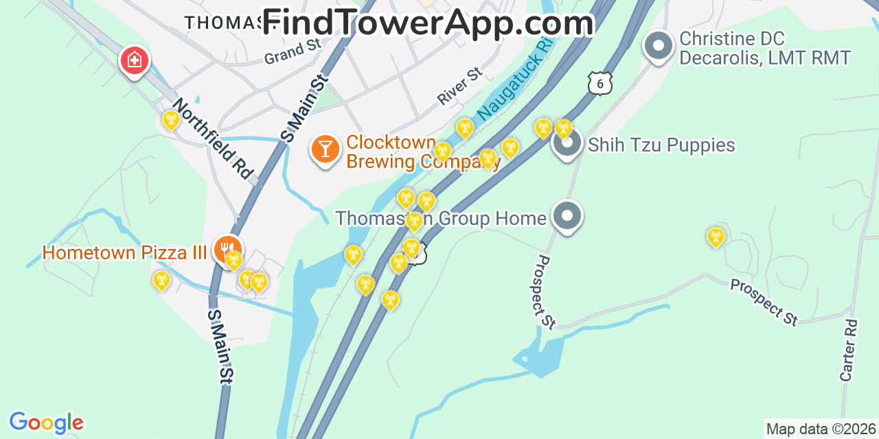 Map showing the 20 primary cell tower locations detected in Thomaston, Connecticut from AT&T, Verizon, and T-Mobile networks