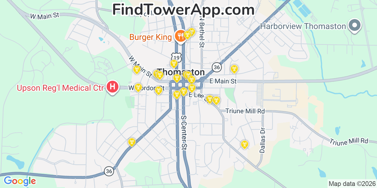 Map showing the 20 primary cell tower locations detected in Thomaston, Georgia from AT&T, Verizon, and T-Mobile networks