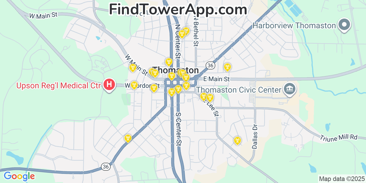 Map showing the 20 primary Mobitel cell tower locations detected in Thomaston, Georgia with coverage radius and signal strength indicators