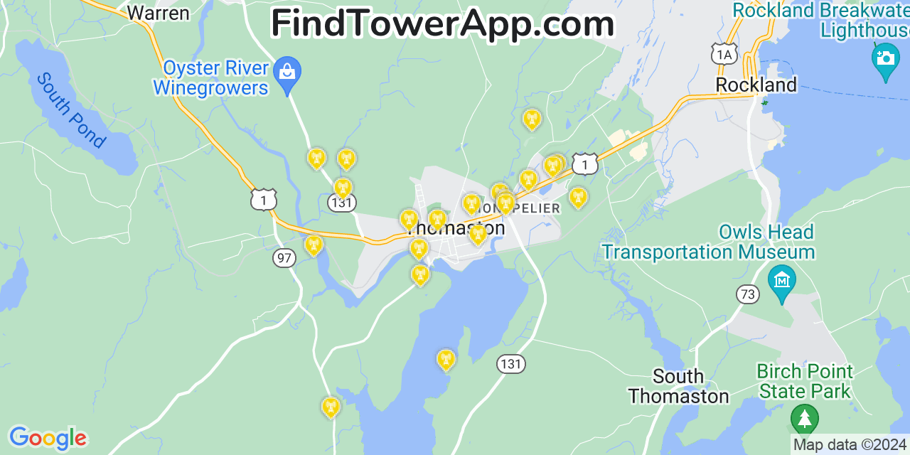 AT&T 4G/5G cell tower coverage map Thomaston, Maine