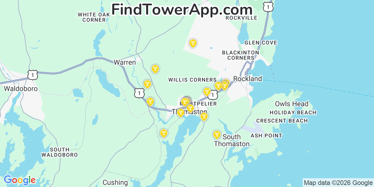 Map showing the 20 primary cell tower locations detected in Thomaston, Maine from AT&T, Verizon, and T-Mobile networks